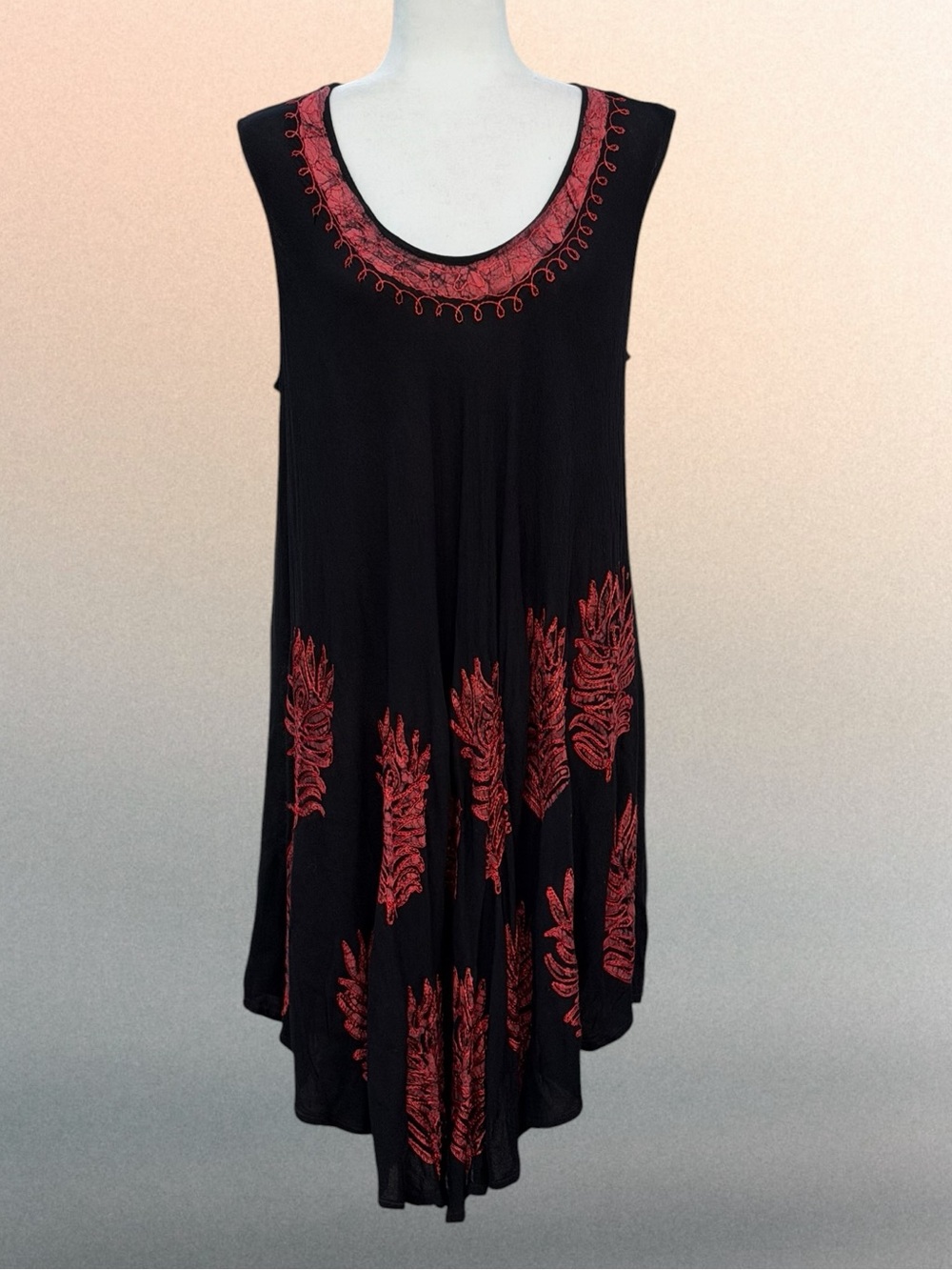 India Boutique Black Red Feather Embroidered Sleeveless Midi Swing Dress, 2X